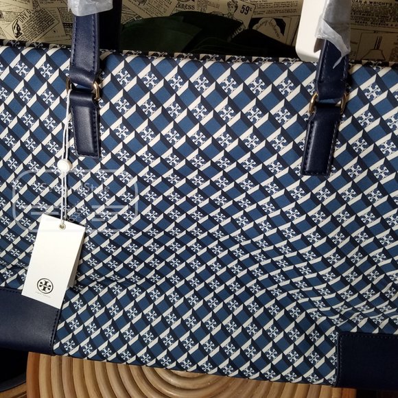 Ella Mixed Print Tote Navy Red Blue Tory Burch Brand New - Picture 5 of 6